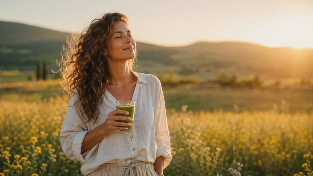 Nevşah Enstitü bolluk bilinci eğitimi ve nefes teknikleri. Gün batımında doğal bir tarlada huzur içinde derin bir nefes alan kıvırcık saçlı kadın, yeşil smoothie tutuyor.