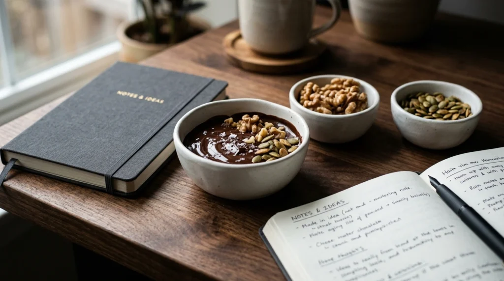 Small bowls of dark chocolate, walnuts, and pumpkin seeds sitting on an office desk as healthy snack options.