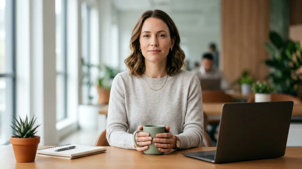 A corporate woman practicing mindfulness at her desk with a warm beverage, embodying office stress management.