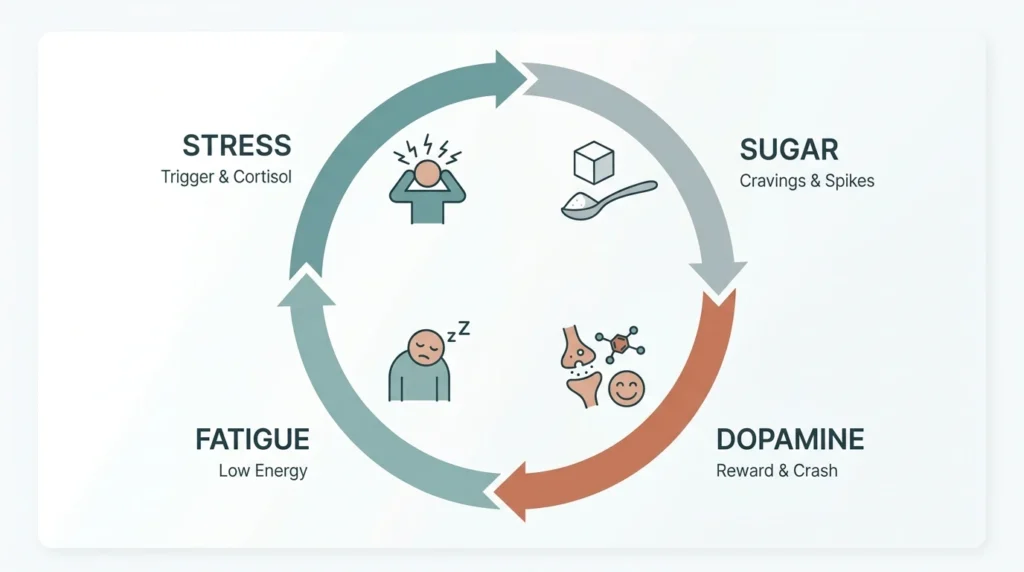 Infographic mapping out the cycle of stress eating from the initial cortisol trigger to the sugar crash.